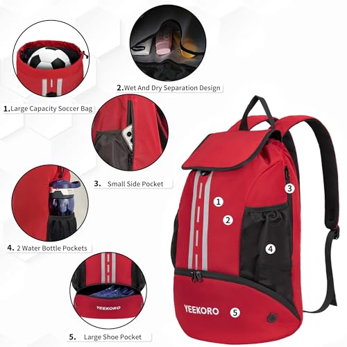 Soccer Backpack Multifunctional Sport Gym Bags with Dry-wet Separate & Shoe Compartment for Basketball Volleyball - color: Upgraded Red