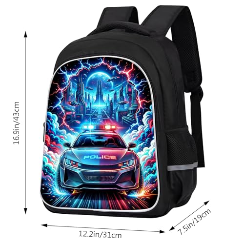Police Car Kids Backpack, Future Starry Sky Spaceship with Lightning School Bag with Reflective Safety Design, Durable Bookbag for Boys Elementary School Daily Carry, 17 Inch - color: Police Car