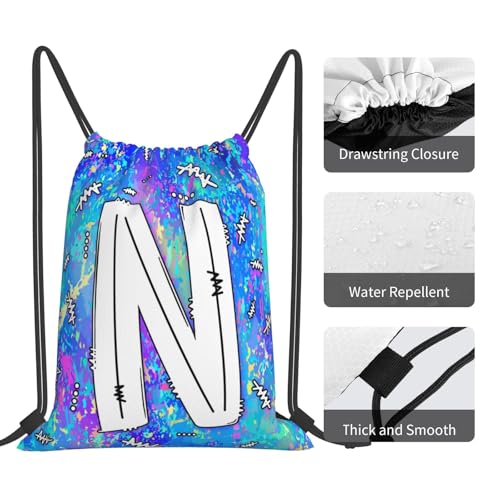 Drawstring Backpack Bag Sport Gym Sackpack Initial Blue Draw String Cinch Bags Bulk String Backpack Storage Bag for Women Men Letters N - color: Letters N