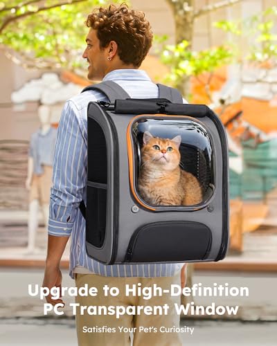 Pecute Cat Backpack Carrier,Large Space Cat Bubble Backpack,Ergonomic,Gray | Color Blocking,Sunshade curtain,Folding bowl,Transparent window,Sturdy,Large mesh on both sides for breathability - color: Gray-on-Gray Color Blocking