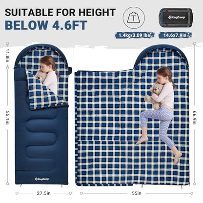 KingCamp 45°F Kids Sleeping Bag, Lightweight Waterproof & Compact Flannel Sleeping Bags Cold Weather & Warm Youth Essentials Gear Accessories for Camping, Fits 10-12 Children up to 4'7"-5'5" Tall - color: 8.6°F ~44.6°F Navy Left