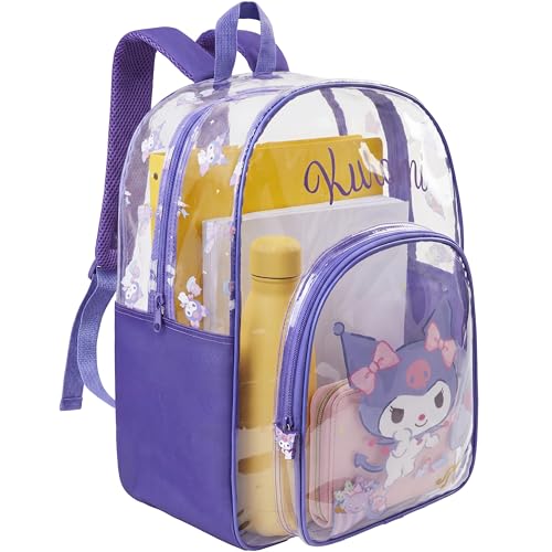 Get Trend Kuromi Sanrio Girls Clear Backpack, 17 inch Transparent School Bookbag, See Through Travel Bag with Straps, Kawaii Gifts for Girls (Black/Purple Kuromi) - color: Black/Purple Kuromi