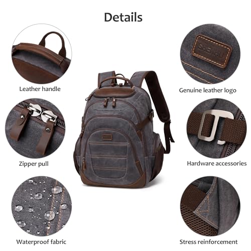 Travel Laptop Backpack 17.3 inch XL Computer Backpack for Men Waxed Canvas College Daypack Business Backpack Black Gray - color: Black Gray