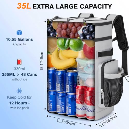 Insulated Cooler Backpack, 35L Leakproof Backpack with Double Compartments for Men & Women, Large Lunch Cooler for Camping, Beach, Travel, Picnic, Up to 48 Cans - color: Gray