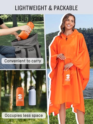 SaphiRose Extra Thick Hooded Rain Poncho Double Layer Waterproof Raincoat Jacket for Men Women Adults - color: Orange