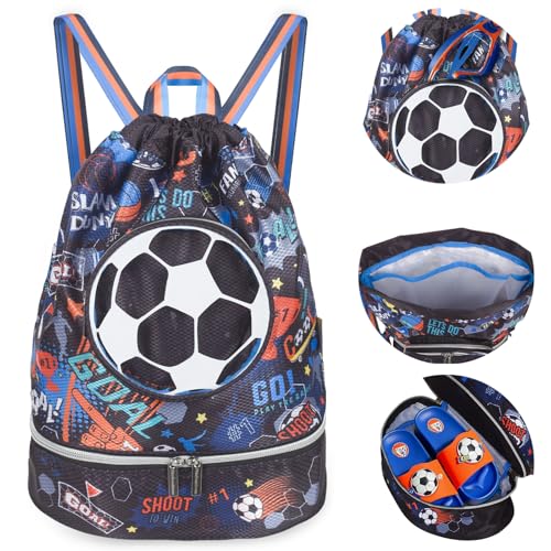 Drawstring Backpack for Kids Girls, Cute Cartoon Football Waterproof Drawstring Bag String Swim Gym Sports Beach Bag with Shoes Compartment and Wet Proof Pocket - color: J08. Soccer