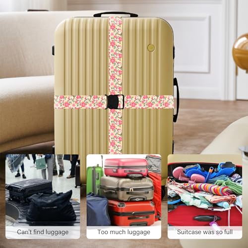 Luggage Straps for Suitcases, Travel Adjustable Belt with Quick Release Buckle, Heavy Duty Nylon Bag Packing Strap, Unique Bright Identifiers Business Travel Accessories (2 Pack) - Pink Flowers - color: Peach Pink