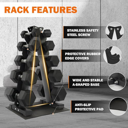 Fitvids Rubber Coated Hex Dumbbell Weight Set and Rack â€“ Dumbbell + A-Rack: 150lbs (5-25lbs Pairs) â€“ Black