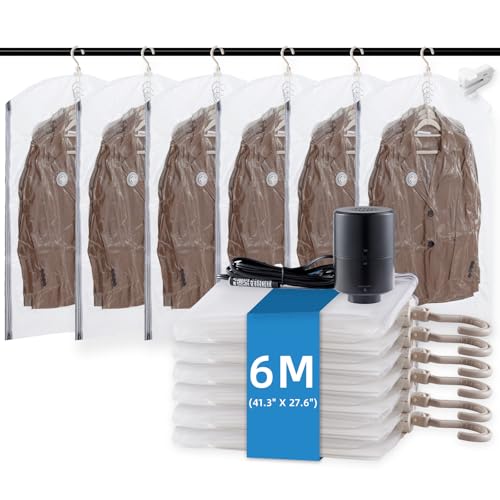 TAILI Hanging Vacuum Storage Bags with Electric Pump, Vacuum Seal Bags for Clothing Travel, Space Saver Closet Organizer for Clothes, Coats, Suits and Jackets, 6 Short(41.3x27.6 in) - color: Transparent, size: 6 Jumbo