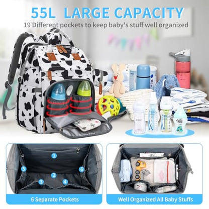 KABAQOO Diaper Bag Backpack with Detachable Changing Station, Large Capacity Baby Diaper Bags for Boys & Girls, Baby Registry Search Stuff & Shower Gifts, Newborn Essentials Must Haves, Cow - color: Cow