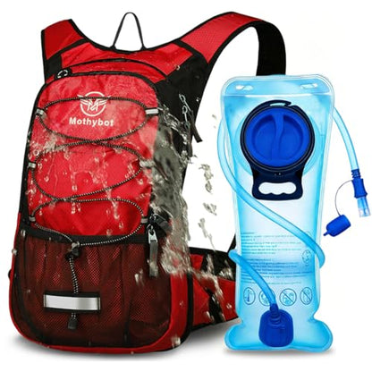 Mothybot Hydration Pack, Insulated Hydration Backpack with 2L BPA Free Water Bladder and Storage, Hiking Backpack for Men, Women, Kids for Running, Cycling, Camping - Keep Liquid Cool up to 5 Hours - color: Red