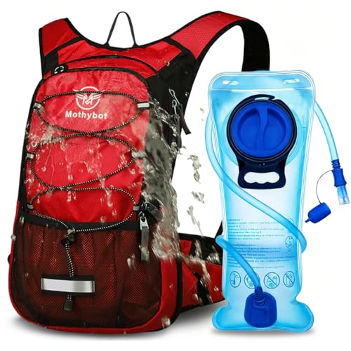 Mothybot Hydration Pack, Insulated Hydration Backpack with 2L BPA Free Water Bladder and Storage, Hiking Backpack for Men, Women, Kids for Running, Cycling, Camping - Keep Liquid Cool up to 5 Hours - color: Red