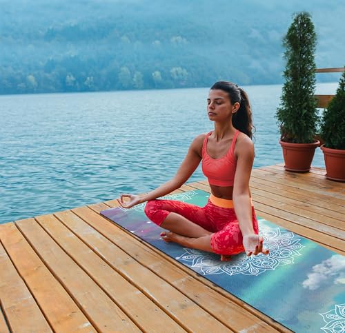nuveti Printed Travel Yoga Mat-1/16 Inch Thick Non Slip Fitness Workout Mat with Carrying Bag, Foldable Lightweight Suede & Natural Rubber Yoga Mat for Yoga Pilates and Fitness 72" L x 24" W x 1.5mm - color: RuiQiXiangYun