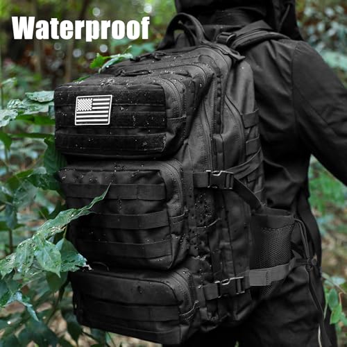 50L Military Tactical Backpack Large Day Backpack for Men Molle Army 3 Days Assault Pack Bug Out Bag Water Resistant and Heavy Duty Hiking Treeking Rucksack - Black - color: Black, size: 50L