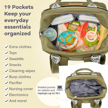 RUVALINO Diaper Bag Backpack - Multifunction Travel Back Pack Maternity Baby Changing Bags, Diaper Changing Totes, Large Capacity, Waterproof and Stylish, Baby Travel Essential, Army Green - color: Military Green