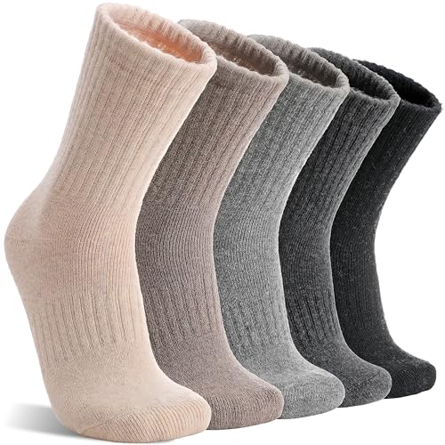 MOGGEI 5 Pairs Womens Merino Wool Socks Hiking Warm Winter Thick Thermal Crew Cozy Cabin Ladies Gift Comfy Boot Work Socks - color: Beige/Light Coffee/Grey/Dark Grey/Black