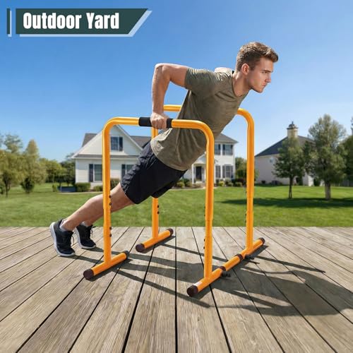 OLIXIS Dip Bar, Adjustable Heavy Duty Dip Bar Station with Soft High-Density Foam Handles, Stabilizer Parallel Parallette Bar Fitness Equipment for Home, Gym, Patio, Office - color: Yellow