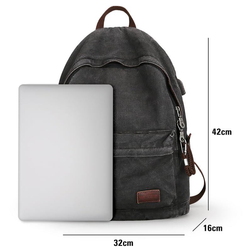 Muzee Canvas Backpack for Women and Men, Lightweight Classic Laptop Backpack with USB Charging Port for School, Travel and Daily Use, Black - color: Black