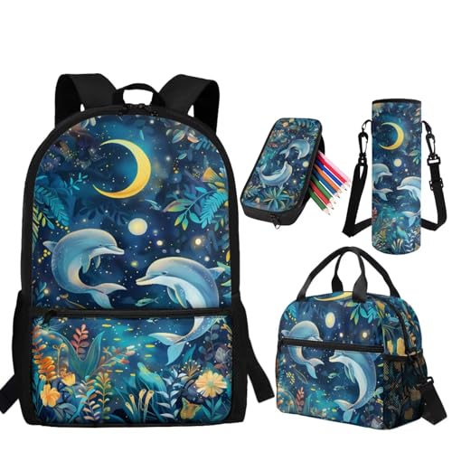 Moon Dolphin Backpack for Girls Kids Backpack with Lunch Box Pencil Pouch and Water Bottle Holder 4 in 1 Cute Backpacks for Girls 17 Inch Lightweight School Bag with Front Pocket - color: Moon Dolphin