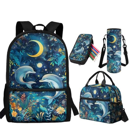 Moon Dolphin Backpack for Girls Kids Backpack with Lunch Box Pencil Pouch and Water Bottle Holder 4 in 1 Cute Backpacks for Girls 17 Inch Lightweight School Bag with Front Pocket - color: Moon Dolphin