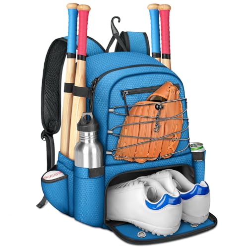 MATEIN Baseball Bat Bag for 4 Bats with Ball Pocket, Lightweight Youth Baseball Backpack with Shoe Compartment, Large Capacity Softball Equipment Bag with Fence Hook for TBall Gear, Helmet, Glove - color: Blue