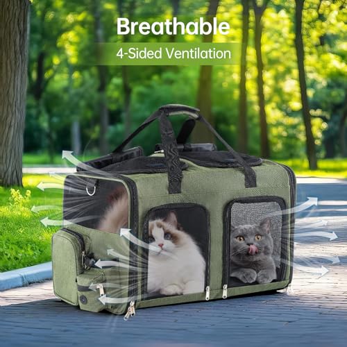 Cat Carrier for 2 Cats - Double Pet Carrier Extra Large, Dual Cabin Multi Cat Travel Carrier with Removable Divider, Collapsible, Can Hold 20 30 40 lbs for Two Small Kitten, Medium Dog Green - color: Green