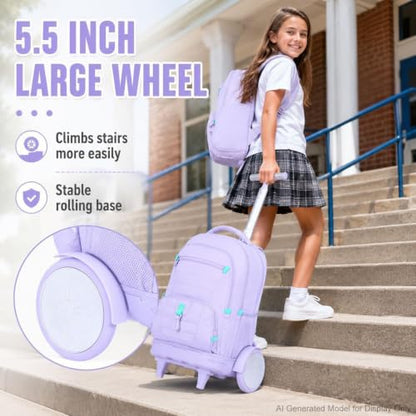 CCJPX 3Pcs Women & Girls Rolling Backpack with Bigger Wheels, Extra-Large Wheeled Bookbag with Lunch Box, Water Resistant Extra-Large Roller Luggage for Travel, Work, College (Purple) - color: Purple(upgrade Large Wheel)