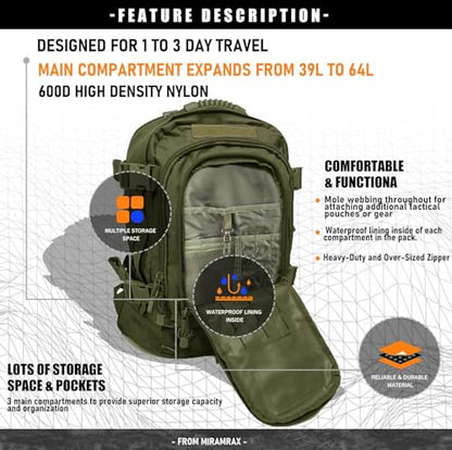 Miramrax Tactical Backpack Military Hiking Daypack - Molle Backpack for Men 3 Day Assault Pack Bug Out Bag for Camping Travel Army Hunting Gym Rucksack Survival (Green) - color: Green