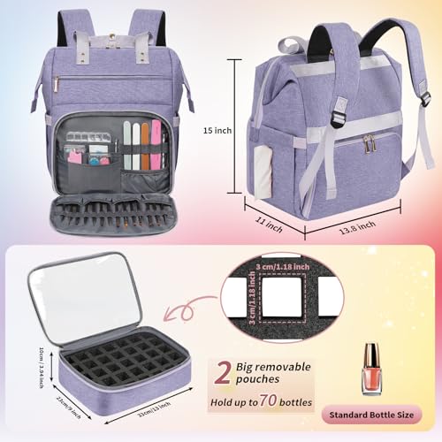Nail Polish Organizer Case Backpack Holds 70 Bottles (15ml/0.5fl.oz) & Nail Lamp, 2 Layers Detachable Nail Kit Storage Case, Large Travel Nail Supplies Shoulder Bag for Manicure Tools (Purple) - color: Purple