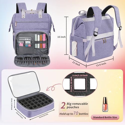 Nail Polish Organizer Case Backpack Holds 70 Bottles (15ml/0.5fl.oz) & Nail Lamp, 2 Layers Detachable Nail Kit Storage Case, Large Travel Nail Supplies Shoulder Bag for Manicure Tools (Purple) - color: Purple