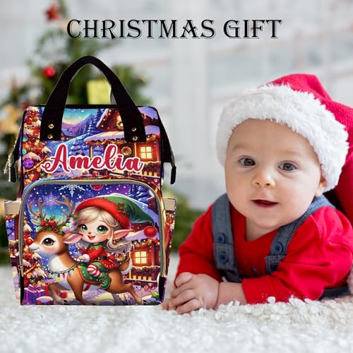 Custom Diaper Bag with Name, Personalized School Bag Christmas Elk Print, Monogram Nappy Backpack with Thermal Pockets for Adults Kids, Large Capacity Waterproof Diaper Bag Xmas Gift - color: A-color-1
