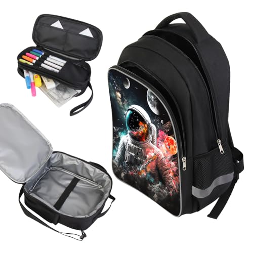 ZRENTAO 3 Pcs Kids Backpack, 3D Reflective Cartoon, 600D Polyester & Dual Zippers, 17" Bookbag with Ergonomic Design for boys & girls age 6-18, Astronaut Space Style for school Children Kids - color: 10##astronautsset