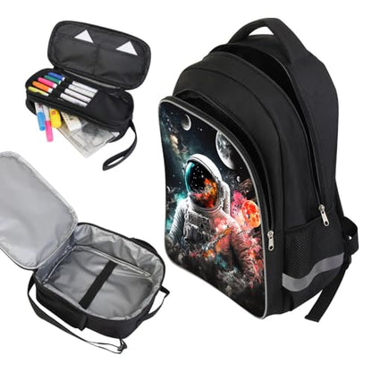 ZRENTAO 3 Pcs Kids Backpack, 3D Reflective Cartoon, 600D Polyester & Dual Zippers, 17" Bookbag with Ergonomic Design for boys & girls age 6-18, Astronaut Space Style for school Children Kids - color: 10##astronautsset