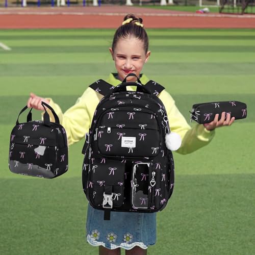ACESAK Backpack for Girls - Girls Backpack with Lunch Bag & Pencil Pouch for Teen Kids Laptop Backpack for Women, Elementary Middle High School Bookbag Travel Daypack (Black Bow) - color: Black Bow