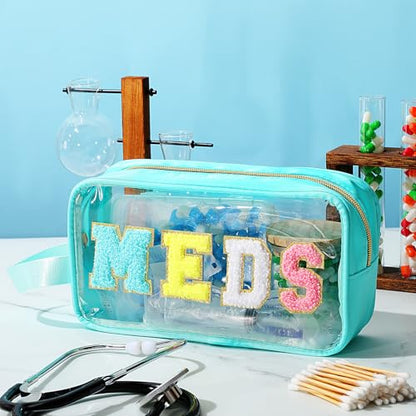 Kacctyen Letter Clear Meds Bag Makeup Pouch Waterproof Chenille Nylon Medicine First Aid Bag for Travel Preppy Cosmetic Toiletry Storage Bags with Handle Pill Snack Pouch for Women Men - color: Blue, style: Meds