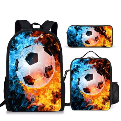 Soccer Backpack Set for School,17 Inch Casual School Bags with Lunch Box, Kids Daypack Bags and Pencil Case Set for Teens Boys Men Students - color: Ice&fire-soccer