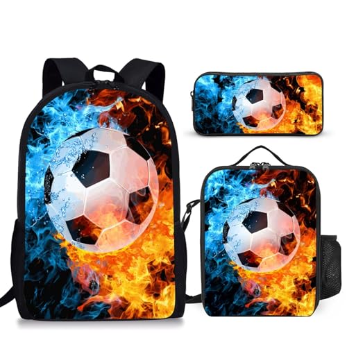 Soccer Backpack Set for School,17 Inch Casual School Bags with Lunch Box, Kids Daypack Bags and Pencil Case Set for Teens Boys Men Students - color: Ice&fire-soccer