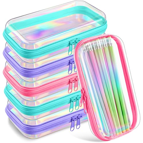 Sanwuta 6 Pcs Clear Hard Zipper Case Plastic Zipper Pouches Transparent Makeup Bag Pencil Case Pouches Toiletry Diaper Bag for Travel Toy Storage Organizer Bins(Holographic,7.48 x 3.94 x 2 Inch) - color: Holographic, size: 7.48 x 3.94 x 2 Inch