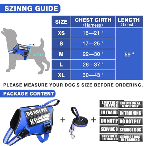 Service Dog Vest Harness and Leash Set+10 Patches,No Pull&Easy Walk Reflective Dog Harness with Soft Padded Handle for Training/Everyday,Fit Small/Medium/Large/Extra-Large Dogs (Blue S) - color: Blue, size: Small