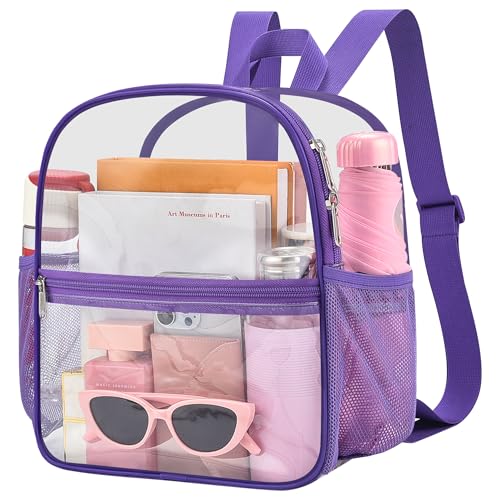 Oraben Clear Backpack Stadium Approved, 12 x 6 x 11 in, Small Transparent Backpack for Concerts, Sports Events, Festivals, Travel, Waterproof PVC, Adjustable Straps, Women Men - color: Purple, style: Nylon Shoulder Straps