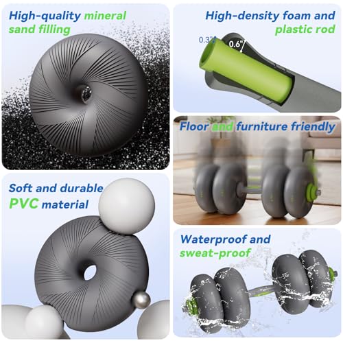 LIFERUN Adjustable Dumbbell Set, Soft PVC Coated, 45lbs/67lbs Free Weight Set Home Gym, 4-in-1 Used As Barbell, Dumbbells, Kettlebell, Weight Plates, Weights Dumbbells Set, Space Saving Fitness Exercise For Men/Women - color: Grey, style: 45lb