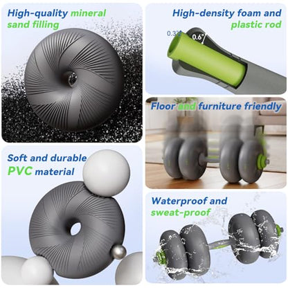 LIFERUN Adjustable Dumbbell Set, Soft PVC Coated, 45lbs/67lbs Free Weight Set Home Gym, 4-in-1 Used As Barbell, Dumbbells, Kettlebell, Weight Plates, Weights Dumbbells Set, Space Saving Fitness Exercise For Men/Women - color: Grey, style: 45lb