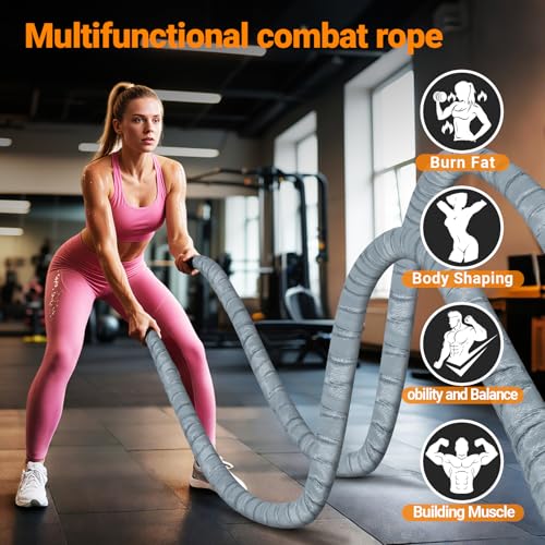 Battle Rope 1/1.26/1.5/2 Inch Diameter,Pink 30FT/40FT/50FT Exercise Workout Ropes for Home Gym Heavy Weighted Training Rope for Working Out - style: 1.5 inch 30ft-Gray
