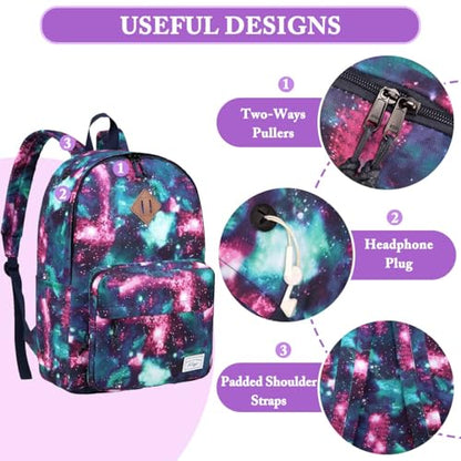 Kasqo School Backpack, 15.6 Inch Classic Lightweight Water-Resistant 17.8L Bookbag Daypack for Men Women Schoolbag for Teens Girls Boys Kids College,Travel,Work,Galaxy - color: Purple Galaxy