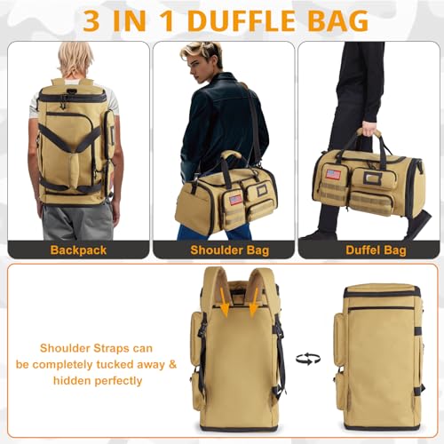 Expandable Gym Bag For Men,Tactical Large 3 in 1 Sports Duffle Bag With Shoes Compartment,Water Resistant Sports Gym Tote Bags Multi-functional Weekend Travel Backpack Overnight Bag - color: Brown