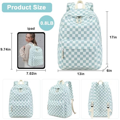 Bluboon School Backpack Set Girls Womens Laptop Bookbag Casual Daypack Fits 15 inch Laptop with Lunch Tote Bag and Pencil Bag - color: Blue Checked