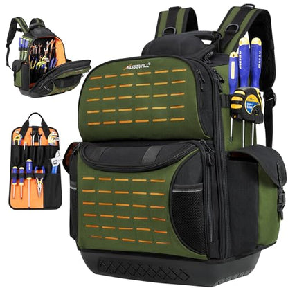 BLISSWILL Tool Bag Backpack for men,Heavy Duty Tool Backpack Bag with Waterproof Molded Base，62 Pockets/40 Loops Heavy Duty Tools Organizer Bags/Electrician/Industrial/Construction Work Backpack - color: Army green