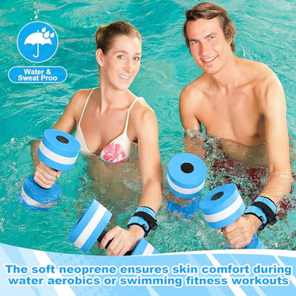 Hollowfly Water Aerobics Set, 4 Piece Pool Exercise Kit (2 Aquatic Dumbbells + 2 Ankle/wrist Weights), EVA Foam, Low-impact Workout - color: Blue, size: 1lb