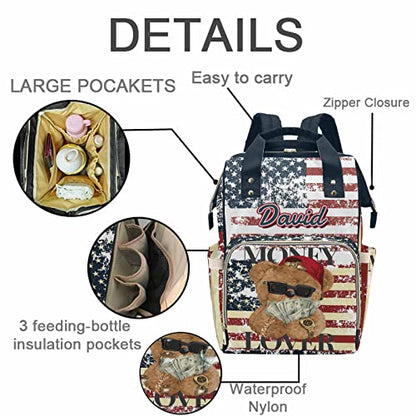 Custom Bear Diaper Bag Backpack for Baby Boy, Personalized Name American Flag Large Nappy Nursing Orangizer Mommy Bags, Waterproof Travel Daypack for Dad Mom Gifts - color: American Flag-bear-02