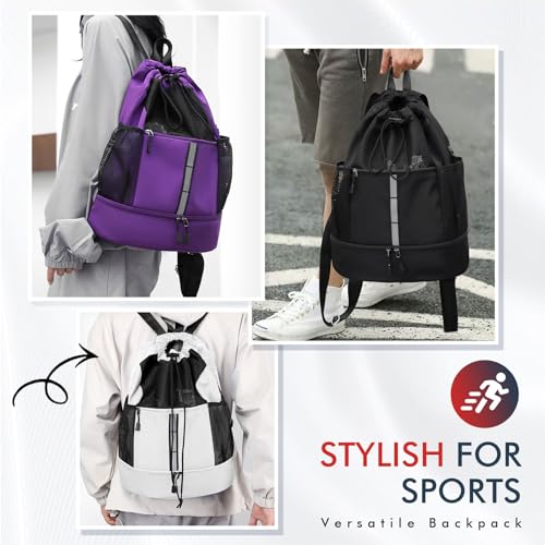 PinCute Drawstring Gym Bag for Men/Women - Mesh Beach Swim Bags Sports Backpack with Wet Pocket&Shoe Compartment, Lightweight - color: White